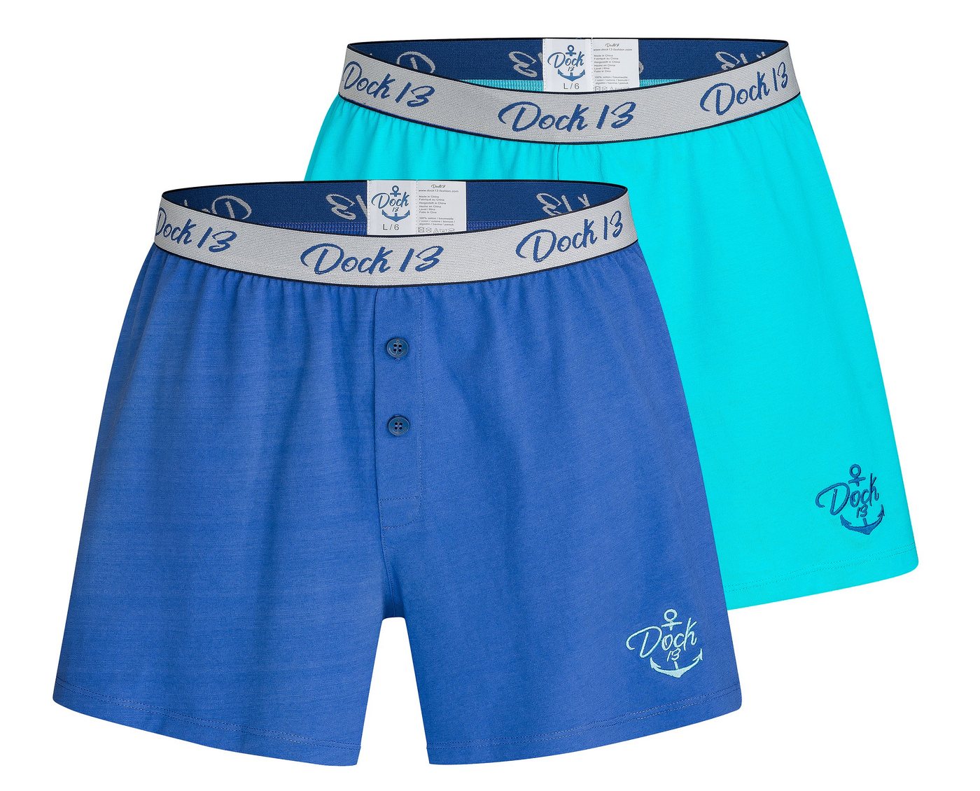 Dock13 Weiter Boxer Dock13 Männer Boxershorts (Hellblau / Dunkelblau) (2er Packung, 2-St., 2er-Pack) gewebter Bund, gesticktes Logo von Dock13