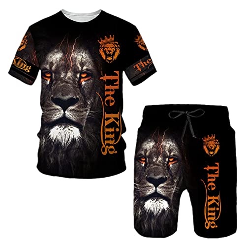 Docorou Lion Sommer Streetwear Herren Set Trainingsanzug Übergroße Kleidung 3D Gedruckt T-Shirt Shorts Sportswear Herren Mode Anzug, 5, 6XL von Docorou