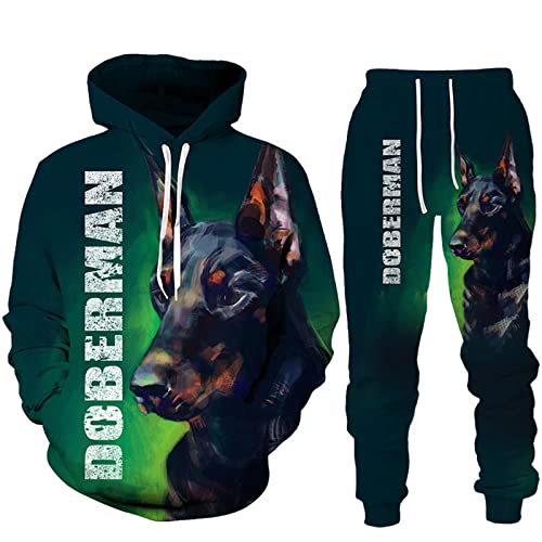 Herbst Winter 3D Dobermann Gedruckt Hoodies Sweatpants Herren Kapuzenpullover Sweatshirt Sets Trainingsanzug Herren Kleidung Anzug, 07341, L von Docorou