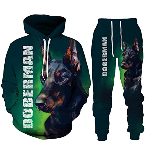 Herbst Winter 3D Dobermann Gedruckt Hoodies Sweatpants Herren Kapuzenpullover Sweatshirts Sets Trainingsanzug Herren Kleidung Anzug, 07341, XL von Docorou