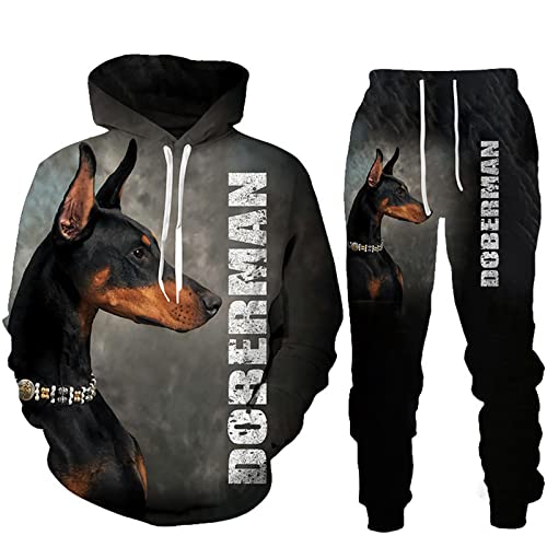 Herbst Winter 3D Dobermann Gedruckt Hoodies Sweatpants Herren Kapuzenpullover Sweatshirt Sets Trainingsanzug Herren Kleidung Anzug, 07344, XXL von Docorou