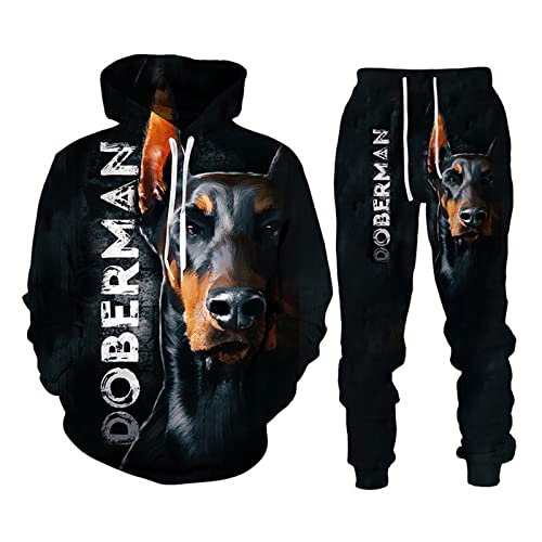 Herbst Winter 3D Dobermann Gedruckt Hoodies Sweatpants Herren Kapuzenpullover Sweatshirt Sets Trainingsanzug Herren Kleidung Anzug, 08092, L von Docorou