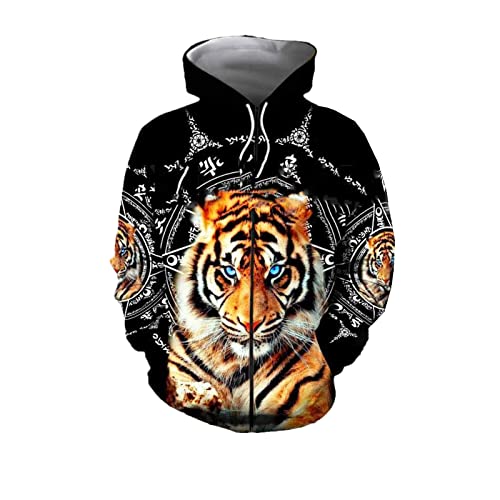 Tiger 3D Druck Tattoo Hoodie Pullover Sweatshirt Mann Frauen Harajuku Outwear Casual Unisex Reißverschluss Jacke Trainingsanzug Mantel, Kapuzenpullover mit 3D-Reißverschluss, XXL von Docorou