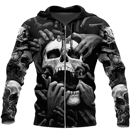 Totenkopf-Tattoo, 3D-Druck, modische Hoodies für Herren, Kapuzen-Sweatshirt, Uni, Reißverschluss, modische Jacke, Trainingsanzug, Kapuzenpullover mit Reißverschluss, 4XL von Docorou