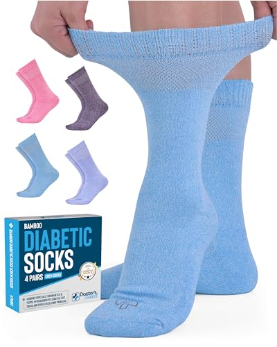 Doctor's Select Diabetikersocken für Damen, Bambusviskose, 4 Paar, Crew-Diabetiker-Socken für Damen, Größe 39-42, Hellblau, Blau, Lila, Rosa, Large von Doctor's Select