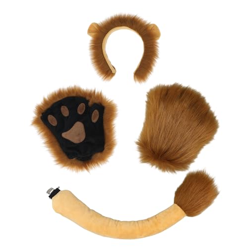 Dodheah 3 Stück Löwenohren Stirnband Set Fingerlose Pelzige Handschuhe Pfoten Schwanz Tier Cosplay Fancy Dress Löwen Kostüm Gelb von Dodheah