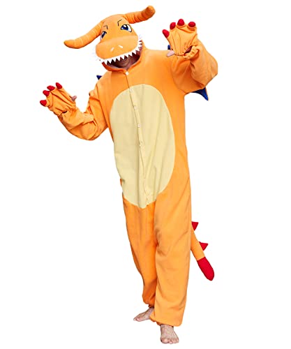 Dodheah Drache Onesie Erwachsene Tier Cosplay Kostüm Anime Cartoon Jumpsuit Weihnachten Halloween Pyjamas für Männer Frauen Gelb L von Dodheah