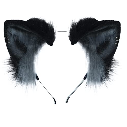 Dodheah Katzenohren Haarreif Fuchs Wolf ohren Stirnband Haarnadel Haarschmuck Halloween Weihnachten Kostüm Anime Cosplay Mädchen Damen Schwarzgrau von Dodheah