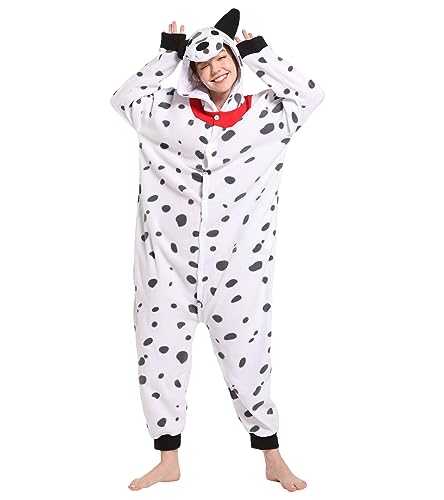 Dodheah Unisex Dalmatiner Schlafanzug Erwachsene Onesie Halloween Tier Cosplay Kostüm Weihnachten Jumpsuit Einteiler Schlafanzug Schwarz weiß S von Dodheah