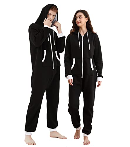 Dodheah Unisex Onesie Schwarz Pyjama Einteiler Overall Jumpsuits Nachtwäsche Familie Loungewear mit Kapuze Reißverschluss Schwarzer S von Dodheah