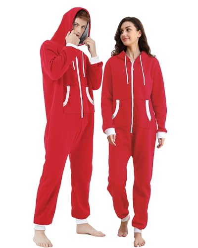 Dodheah Unisex Onesie für Erwachsene Jumpsuit Weihnachten Pyjamas Reißverschluss mit Kapuze Einteilige Nachtwäsche Homewear Rot Weiß Reißverschluss XL von Dodheah