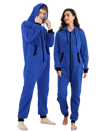 Dodheah Unisex Onesie für Erwachsene Schlafanzug Pyjamas Outfits mit Reißverschluss Kapuze Einteiler Weihnachten Nachtwäsche Blau Schwarz Reißverschluß M von Dodheah