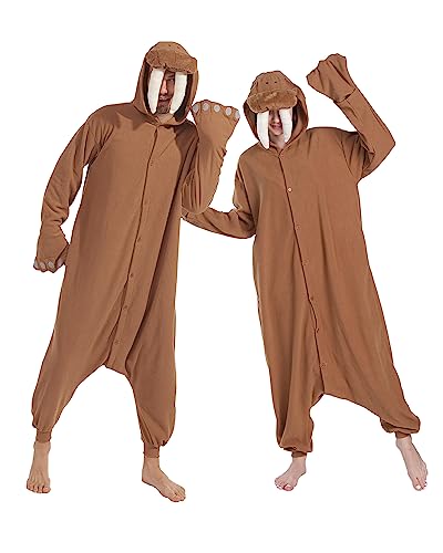 Dodheah Unisex Walross Schlafanzug Erwachsene Onesie Halloween Tier Cosplay Kostüm Weihnachten Jumpsuit Einteiler Schlafanzug Braun L von Dodheah