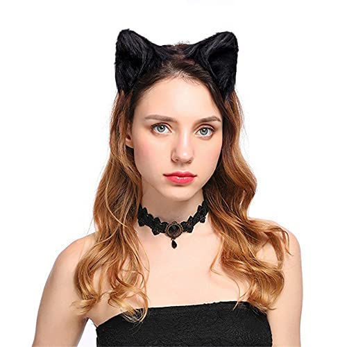 Doeheah Katzenohren Haarreif Fuchsohren Stirnband Neko Ears Haarnadel niedlich Haarschmuck Halloween Kostüm Anime Lolita Cosplay Mädchen Damen und Kinder Schwarz Schwarz von Dodheah