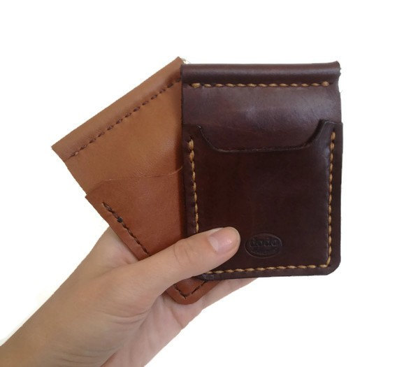 Leder Geld-Clip Kartenhalter Cash-Halter Geldhalter Handgenäht Tasche Schlanke Portemonnaie Hellbraun/Dunkelbraun von DodoLeather