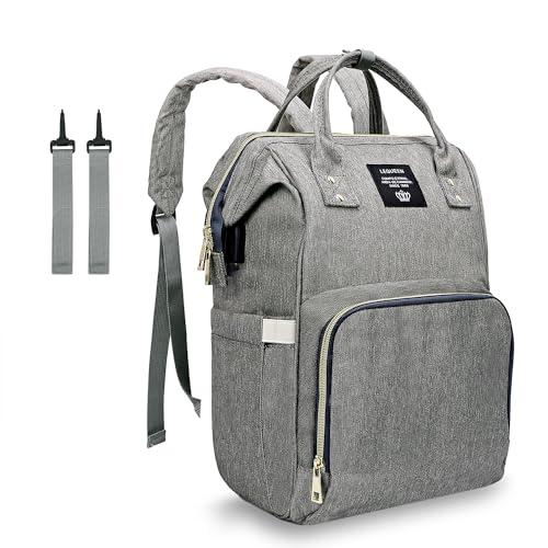 DoerSpace Baby Wickelrucksack, Wasserdicht Wickeltasche, Multifunktional Große Kapazität Babytasche Reisetasche Backpack mit 2 Kinderwagengurten für Unterwegs (Grau) von DoerSpace