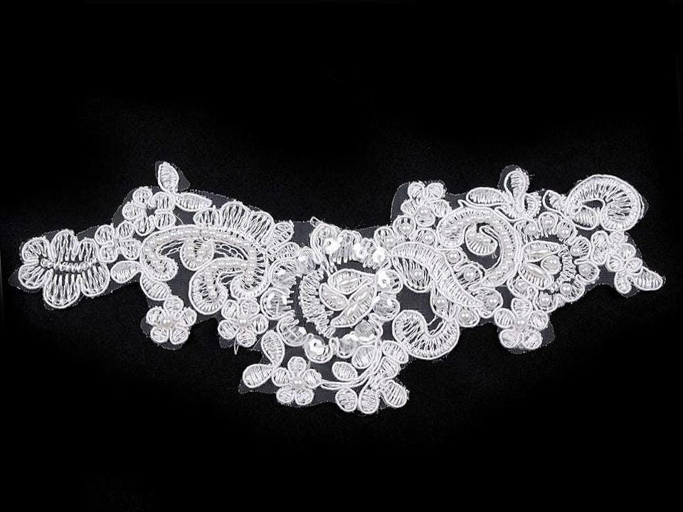 1 Spitze 8x22cm Applikation Weiß Creme Aufnäher Stickerei Blumen Blüten Einsatz Nr. 31 von DoertesMasche