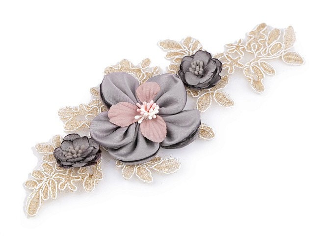 1 Spitze 9x23cm Gold Applikation Grau Aufnäher Stickerei Blumen Blüten 3D Nr. 20 von DoertesMasche