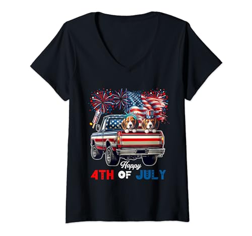 Damen 4. Juli Zwei niedliche Beagles auf Pickup Truck Stolze Flagge T-Shirt mit V-Ausschnitt von Dog 4th Of July Costume