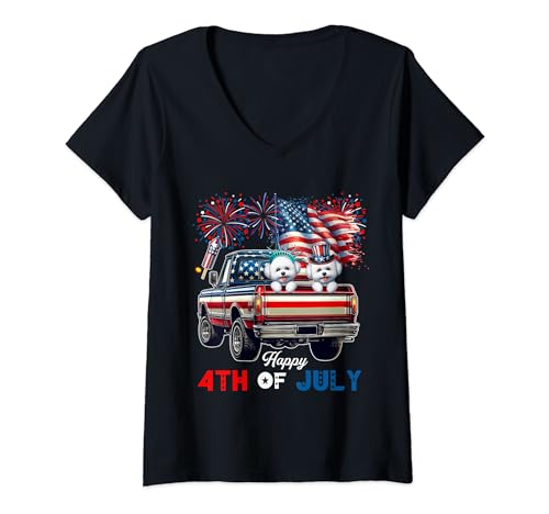 Damen 4. Juli Zwei niedliche Bichon Frises auf Pickup-Truck-Flagge T-Shirt mit V-Ausschnitt von Dog 4th Of July Costume