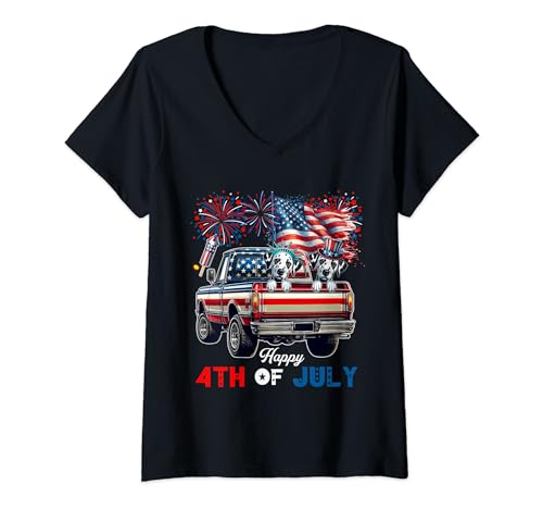 Damen 4. Juli Zwei niedliche Dalmatiner auf Pickup-Truck, stolze Flagge T-Shirt mit V-Ausschnitt von Dog 4th Of July Costume