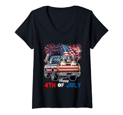 Damen 4. Juli Zwei niedliche Papillons auf Pickup Truck Proud Flag T-Shirt mit V-Ausschnitt von Dog 4th Of July Costume