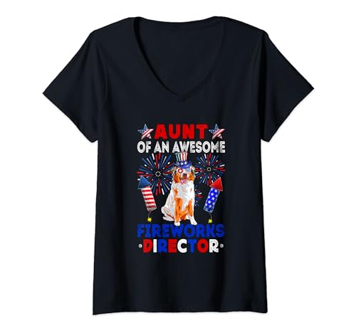Damen Aunt Of An Awesome Fireworks Director Australian Shepherd T-Shirt mit V-Ausschnitt von Dog 4th Of July Costume