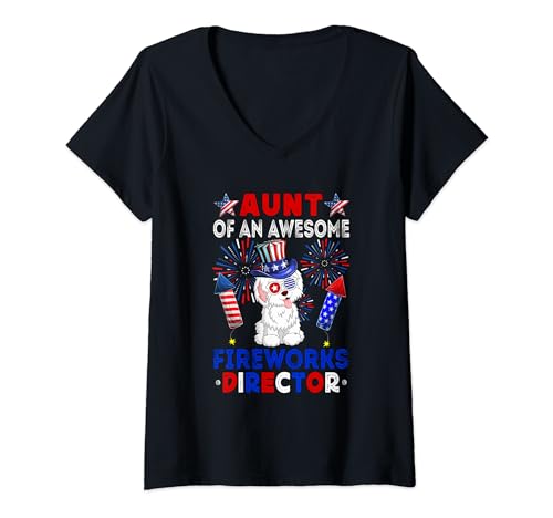 Damen Aunt Of An Awesome Fireworks Director Bichon Frise 4th July T-Shirt mit V-Ausschnitt von Dog 4th Of July Costume