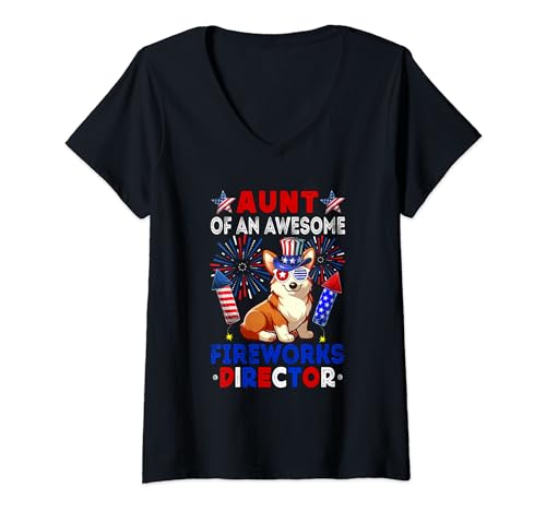 Damen Aunt Of An Awesome Fireworks Director Corgi 4th July T-Shirt mit V-Ausschnitt von Dog 4th Of July Costume