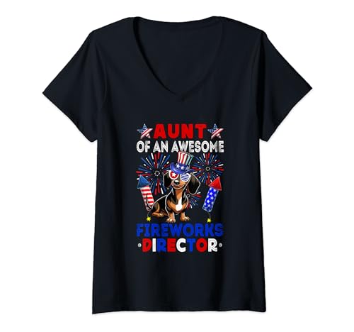 Damen Aunt Of An Awesome Fireworks Director Dachshund 4th July T-Shirt mit V-Ausschnitt von Dog 4th Of July Costume