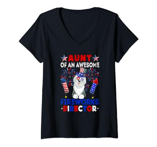Damen Aunt Of An Awesome Fireworks Director English Sheepdog T-Shirt mit V-Ausschnitt von Dog 4th Of July Costume