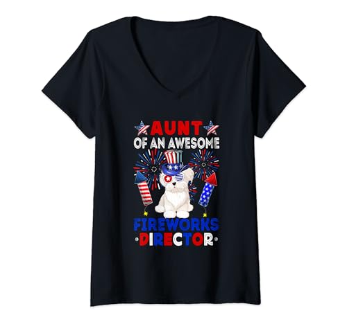 Damen Aunt Of An Awesome Fireworks Director Maltese 4th July T-Shirt mit V-Ausschnitt von Dog 4th Of July Costume