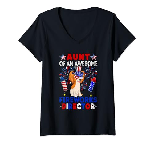 Damen Aunt Of An Awesome Fireworks Director Papillon 4th July T-Shirt mit V-Ausschnitt von Dog 4th Of July Costume