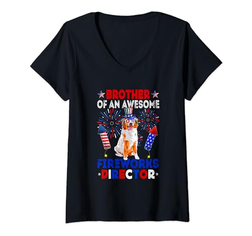Damen Brother Of An Awesome Fireworks Director Australian Shepherd T-Shirt mit V-Ausschnitt von Dog 4th Of July Costume