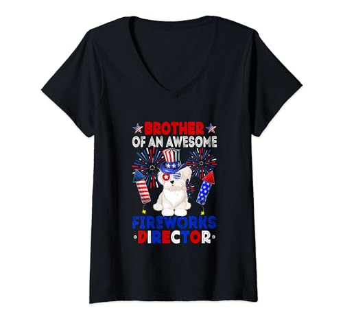 Damen Brother Of An Awesome Fireworks Director Maltese 4th July T-Shirt mit V-Ausschnitt von Dog 4th Of July Costume
