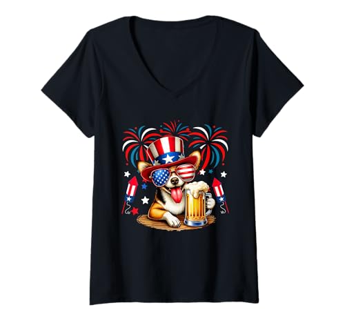 Damen Chihuahua Sonnenbrille US-Flagge Trinkbier 4. Juli T-Shirt mit V-Ausschnitt von Dog 4th Of July Costume