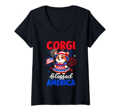 Damen Corgi Bless American 4th Of July US Flag Fireworks Owner T-Shirt mit V-Ausschnitt von Dog 4th Of July Costume