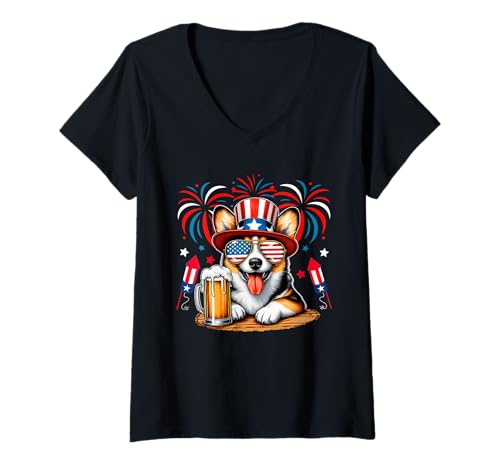 Damen Corgi Sonnenbrille US-Flagge Trinkbier 4. Juli T-Shirt mit V-Ausschnitt Damen Corgi Sonnenbrille US-Flagge Trinkbier 4. Juli T-Shirt mit V-Ausschnitt von Dog 4th Of July Costume