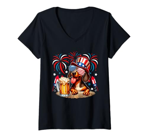 Damen Dackel Sonnenbrille US-Flagge Trinkbier 4. Juli T-Shirt mit V-Ausschnitt Damen Dackel Sonnenbrille US-Flagge Trinkbier 4. Juli T-Shirt mit V-Ausschnitt von Dog 4th Of July Costume