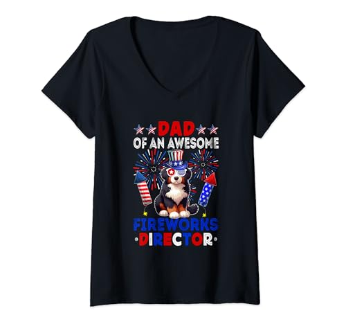 Damen Dad Of An Awesome Fireworks Director Bernedoodle 4th July T-Shirt mit V-Ausschnitt von Dog 4th Of July Costume