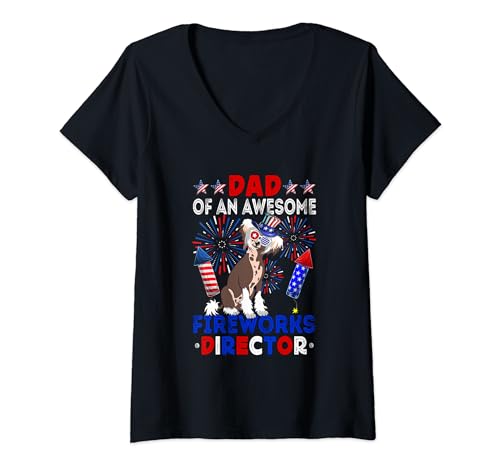 Damen Dad Of An Awesome Fireworks Director Chinese Crested Dog T-Shirt mit V-Ausschnitt von Dog 4th Of July Costume