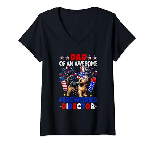 Damen Dad Of An Awesome Fireworks Director Norwich Terrier T-Shirt mit V-Ausschnitt von Dog 4th Of July Costume