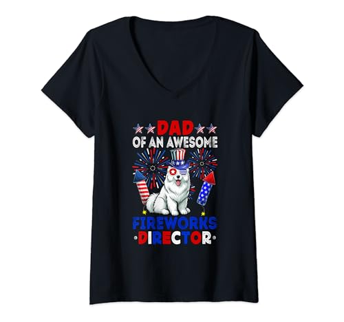 Damen Dad Of An Awesome Fireworks Director Samoyed 4th July T-Shirt mit V-Ausschnitt von Dog 4th Of July Costume