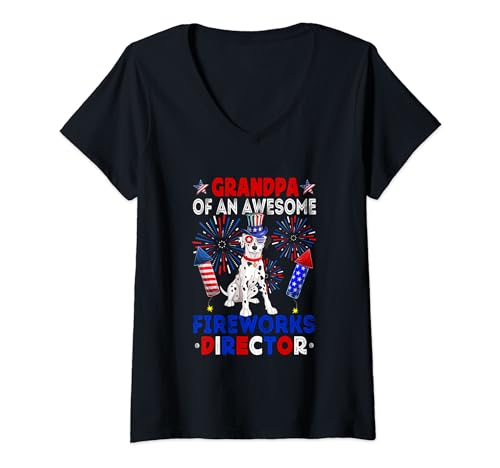 Damen Grandpa Of An Awesome Fireworks Director Dalmatian 4th July T-Shirt mit V-Ausschnitt von Dog 4th Of July Costume