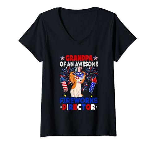 Damen Grandpa Of An Awesome Fireworks Director Papillon 4th July T-Shirt mit V-Ausschnitt von Dog 4th Of July Costume