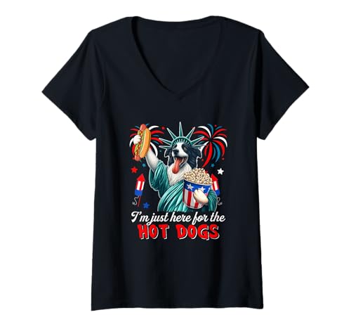 Damen Here For Hot Dogs 4th Of July Border Collie Cosplay Statue T-Shirt mit V-Ausschnitt von Dog 4th Of July Costume