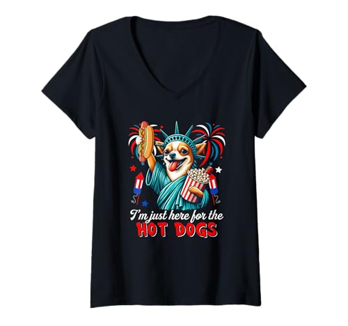 Damen Here For Hot Dogs 4th Of July Chihuahua Cosplay Statue T-Shirt mit V-Ausschnitt von Dog 4th Of July Costume