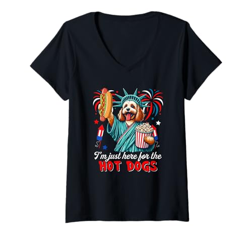 Damen Here For Hot Dogs 4th Of July Cockapoo Cosplay Statue T-Shirt mit V-Ausschnitt von Dog 4th Of July Costume