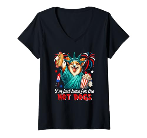 Damen Here For Hot Dogs 4th Of July Corgi Cosplay Statue T-Shirt mit V-Ausschnitt von Dog 4th Of July Costume