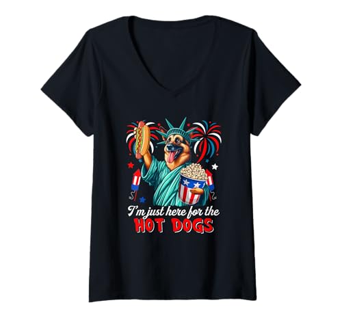 Damen Here For Hot Dogs 4th Of July German Shepherd Cosplay Statue T-Shirt mit V-Ausschnitt von Dog 4th Of July Costume